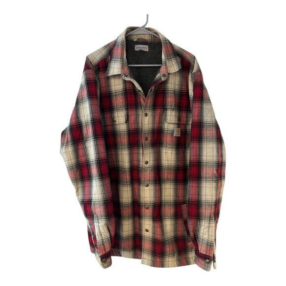 Carhartt Mens XLT Hubbard Sherpa Fleece Lined Red Plaid Flannel Shirt Jacket - Picture 1 of 3